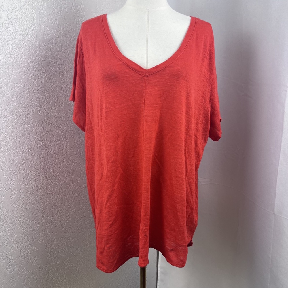 Tahari‎ 100% Linen Top Womens 2X Coral V Neck Tee Minimal Basic Capsule Coastal